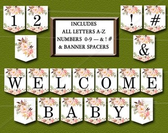 Floral Baby Shower Banner, Peach Floral Boho Baby Shower Printable - ALL LETTERS A-Z, Numbers 0-9, Spacers & symbols - Instant Download 021
