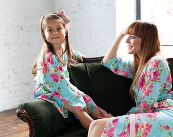Bridesmaid Robes, Flower Girl Robes, Cotton Kimono Dressing Gown, Blue Bridesmaid Pajamas, Long Robe, Floral Pyjamas, Kids Robe, Floral Robe