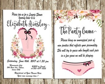 Lingerie Shower Invitation Printable Floral Rustic Lingerie Bridal Invitation Lingerie insert Panty Game Bachelorette Party Invitation Blush