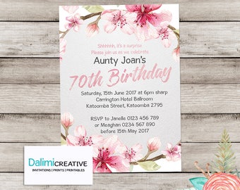 70th Birthday Invitation - Floral Birthday Invitation - Pink and Grey Invitation - Surprise Birthday Party - Printable Invitation!