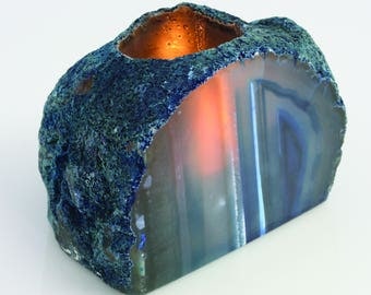 Blue Agate Candle Holder - Crystal Decor- Metaphysical - Chakra Crystals (HW4-08)