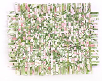 Greenery Paper Weaving- Mixed Media- Watercolor- Abstract Art- Woven Paper- Pantone 2017- Green, Pink, White- 9x12