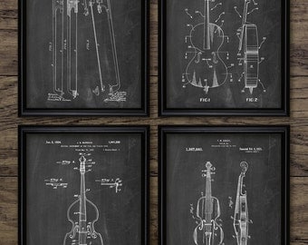 Stringed Instrument Patent Print Set Of 4 - Music Instrument Design - Double Bass - Cello - Violin - Orchestra - #2271 - INSTANT DOWNLOAD