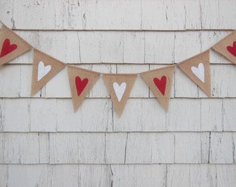Ready to Ship, Heart Banner, Valentines Day Decor, Valentines Banner, Heart Garland, Heart Bunting, Valentines Garland, Burlap Valentines