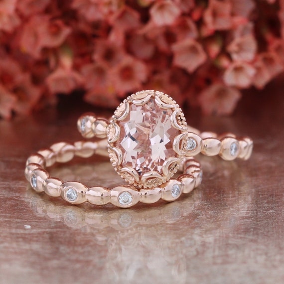 Oval Morganite Engagement Ring Bridal Set in 14k Rose Gold