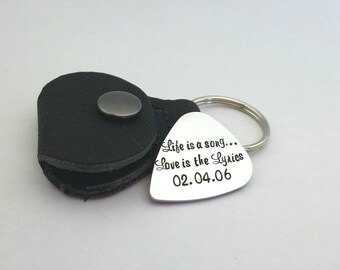Personalized Hand Stamped guitar pick with case, custom guitar pick, hand stamped pick, personalized pick, custom key chain, snap pouch