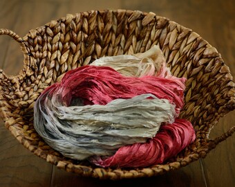 Sari Silk Ribbon 5 yards "Bleeding Heart"red, silver, cream -Free Trade Product- Hand Dyed Recycled Sari Silk Ribbon-Textile Arts-Fiber Arts