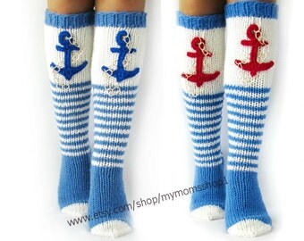 Fun nautical socks with sea anchor for an ocean trip. Sea socks. High socks for yachts. Sea sock. Summer socks. Wool socks. Sea knit sock.