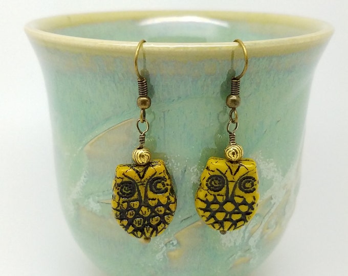 Boho yellow owl earrings, yellow ceramic owl earrings, ceramic owl earrings, ceramic owl jewelry, owl jewelry