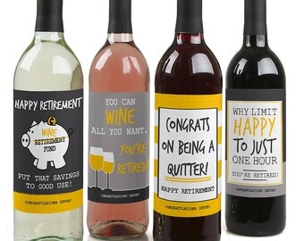 Retirement Party - Custom Retirement Wine Bottle Labels for Retirement Parties - Set of 4 Personalized Sticker Labels