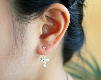 Handmade Silver Jacket Earrings Stud Cross Design