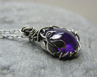 Amethyst necklace ~ Amethyst pendant ~ February birthday ~ Sterling silver leaf necklace ~ Birthstone jewellery for her ~ Leaf jewelry