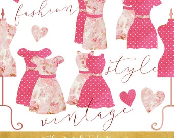 Vintage Fashion & Couture Clipart Set - Pink and Fuchsia Dresses and Mannequins - INSTANT DOWNLOAD - 24 .PNG Files