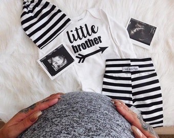 baby boy little brother coming home outfit Black and White Stripe ready to ship theme going home set hello world baby shower gift com