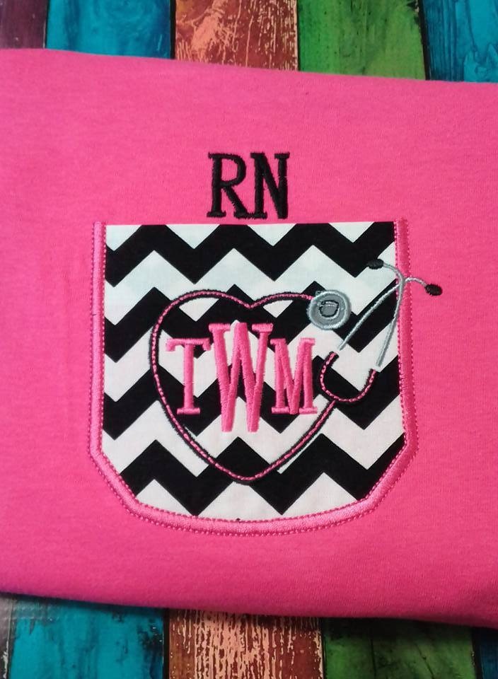 Nurse/Dr stethoscope monogrammed tee pocket.