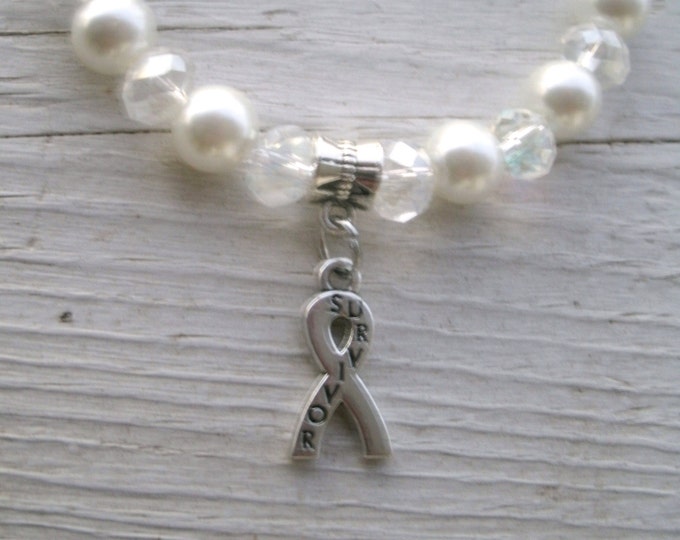 CUSTOM CANCER SURVIVOR bracelet, stretch bracelet, cancer awareness, made in your colors, glass, crystal, pearl, other, survivor ribbon