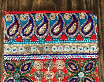 Embellished Blue and Gold Clutch. Beaded Bag.
