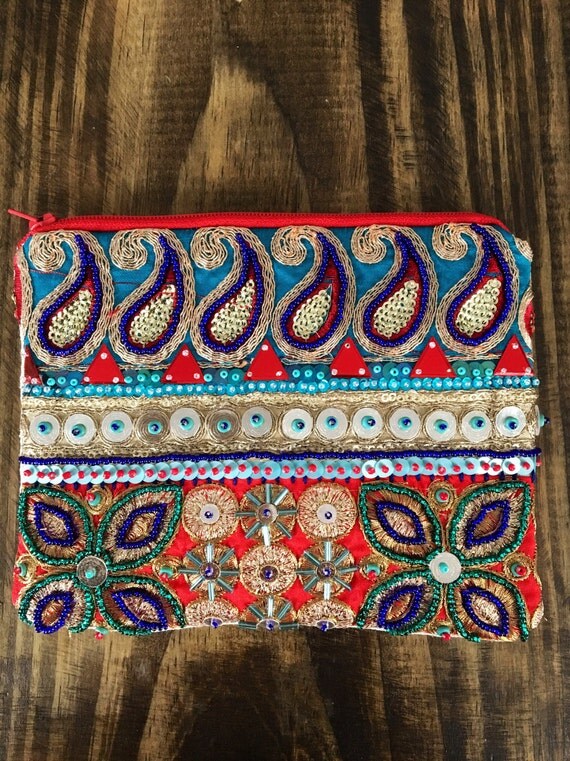 Embellished Blue and Gold Clutch. Beaded Bag.