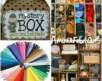 Mystery box kit-Buttons,Zippers,Cross stitch,Snaps,Thread,Lace,Ribbon,tools,buttons,quilt supplies,knitting supplies,craft supplies-needles.