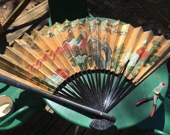 Vintage Hand Painted Japanese Fan Wall Hanging