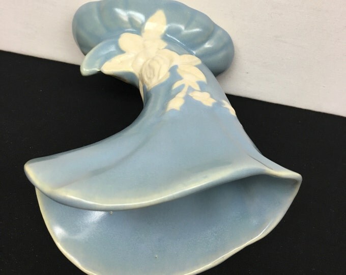 Storewide 25% Off SALE Antique Baby Blue Weller Cornucopia Pottery Vase Featuring White Raised Floral Designs
