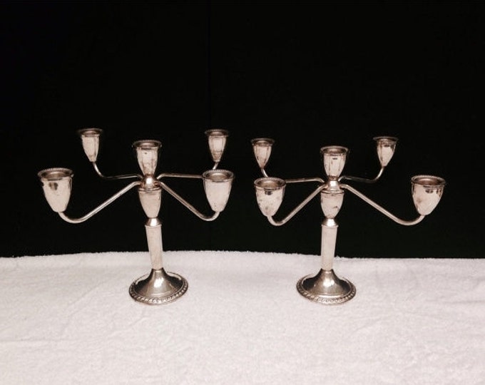 Storewide 25% Off SALE Vintage Mayflower Weighted Sterling Silver Formal Five Arm Candelabra Set Featuring Decorative Raised Gadroon Boarder