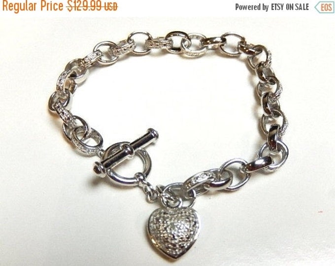 Storewide 25% Off SALE Vintage Sterling Silver Crystal Accented Designer Heart Charm Bracelet Featuring Iconic Toggle Bar Clasp Design