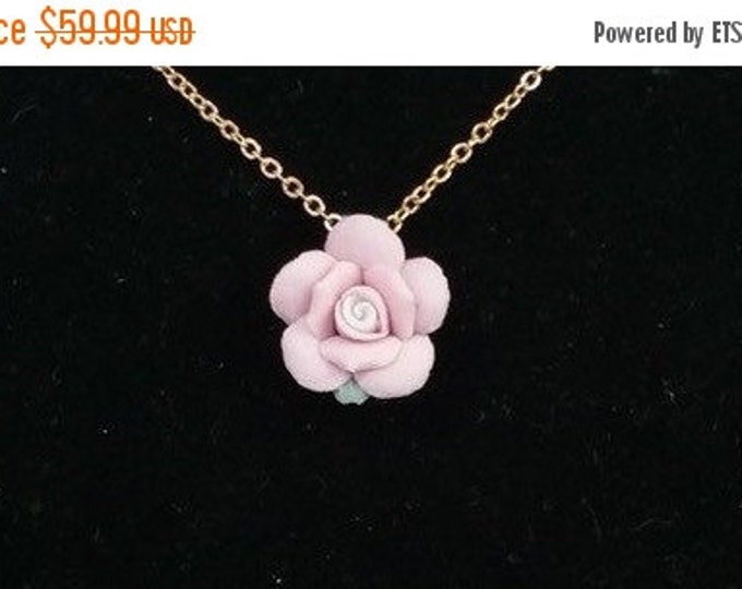 Storewide 25% Off SALE Vintage Gold Tone Chain Necklace With Petite Lavender Rose Pendant Featuring Elegant Ceramic Floral Design Style