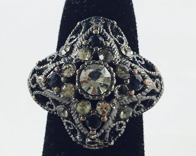Storewide 25% Off SALE Vintage Black Filigree Rhinestone Designer Cocktail Ring Featuring Clear & Black Stone Accents