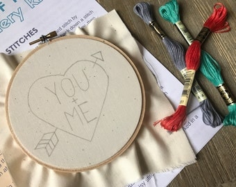 Embroidery Kit - Valentine's Day You and Me Heart with Arrow in 5 Inch Hoop - Beginners Level Kit and Pattern