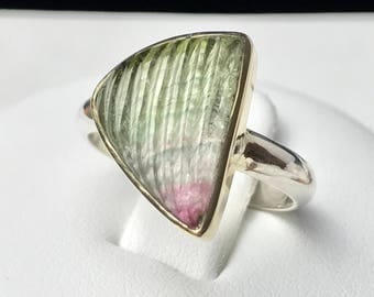 Carved Watermelon Tourmaline, 14Kt Gold Setting, Sterling Silver Ring. Size US-6, UK-L 1/2.