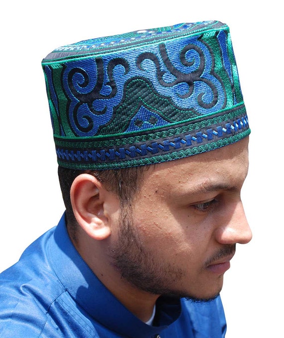 Tall Omani Arab Style African Kufi Hat Black Base With Blue