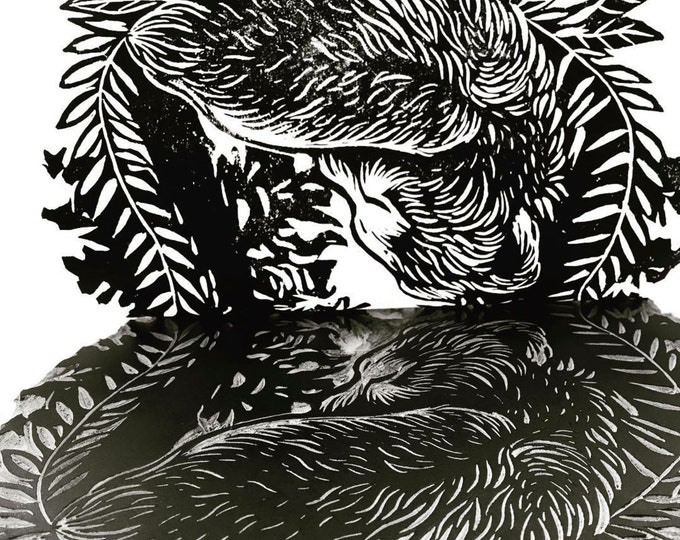 Bear Cub Sleeping - Linocut Print Original Illustration A4 Forest Trees Bears