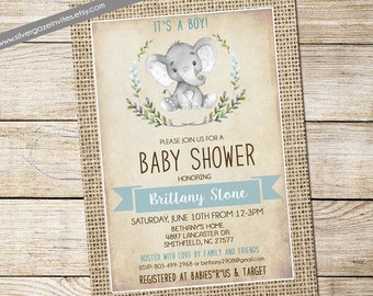 Boy Elephant Baby Shower Invitation Boy Baby Shower Burlap Rustic Shower Invitation, Shabby Chic, Blue _163