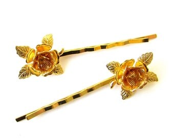 2 x Gold Rose Flower Hair Grips Baroque Flower Bobby Pins Clips Bridal Vtg 1178