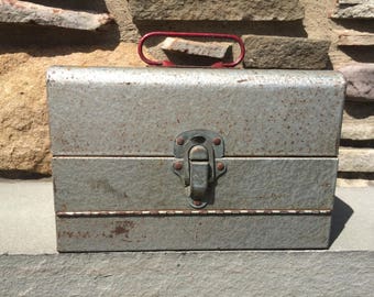 Vintage Silver Storage Box Metal...Garage. Toolbox. Tackle Box. Fishing. Silver. Red. Gear. Container. Ruler. Old.