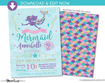Mermaid Birthday Invitation • Mermaid Invitation • Under The Sea Party Invite • Teal Purple Pink Gold • Edit Yourself Instant Download