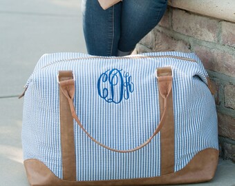 Monogrammed Seersucker Weekender Bag, Personalized Weekender Bag, Overnight Bag
