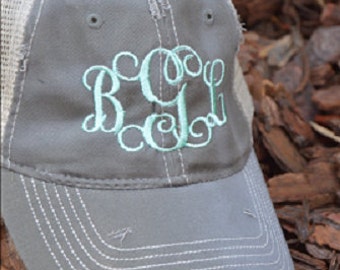 Ladies' Monogram Distressed Trucker Hat - Monogram Hat - Monogram Trucker Hat - Distressed Trucker - Mothers Day Gift, Gifts, Ladies Gift