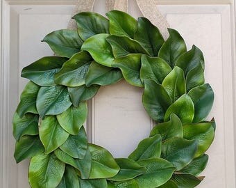 Year-round, all-seasons magnolia leaves wreath with jute or burlap bow