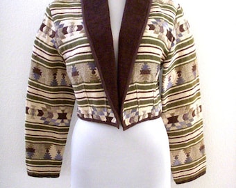 Vintage 80s 90s Southwestern Jacket - Cropped Navajo Jacket with Corduroy Collar - Short 1980s Indian Jacket - Size Small to Medium PM