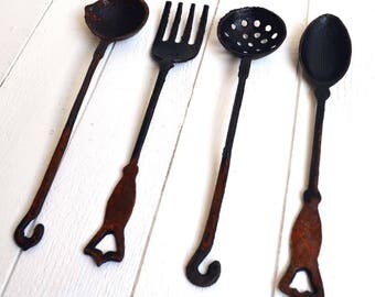 Collection of 4 Antique French Cast Iron Hanging Rustic Kitchen Utensils Vintage Serving Spoon Fork Draining Ladle