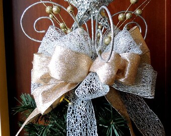 Star Christmas Tree Topper Bow - Silver Star tree topper - Gold Star tree topper - Christmas Bow
