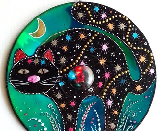 Cat Decoration, hand painted CD, black cat decor, witch cat, nursery decor, cat ornament, fireworks, upcycling, cat in the night, magic cat