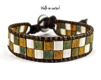 Green and Gold Bracelet, Miyuki Tila Bracelet, Leather Wrap Bracelet, Blessed Bracelet,Blessed Jewelry,Christian Bracelet, Christian Jewelry