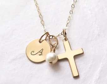 Gold Cross Necklace, Communion Necklace, First Communion Gift, Personalized, Gift for Goddaughter, Confirmation Gift, For Girl, Gold Filled