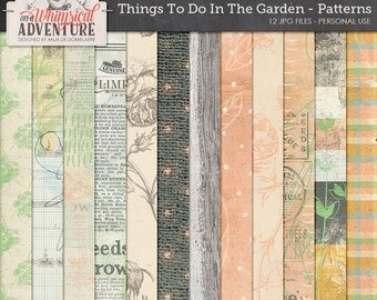 Garden nature outdoors digital download scrapbooking papers, mixed media illustrations paint vintage ephemera, artsy botanical patterns