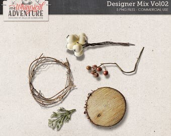 Winter Berries, Commercial Use OK, Wood Slice, Rustic Digital Scrapbooking Embellishments, Branches, Christmas Clip Art, Digital Download