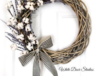 Southern Charm Wreath | Front Door Wreath | Lavender and Cotton Wreath | Farmhouse Wreath | Rustic Decor | Second Anniversary | Housewarming