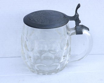 Glass Stein, Old Stein, Rare Glass Stein, German Stein, Pewter Lid German Glass Beer Stein, Rare Stein